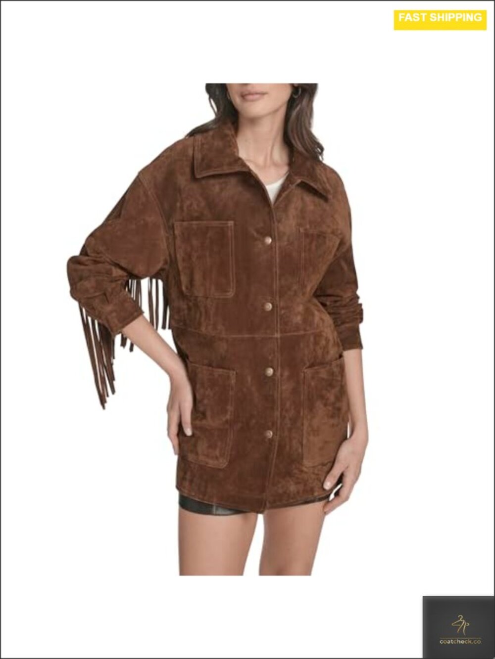 Faux Suede Fringe Trim Chore Coat Snap Front